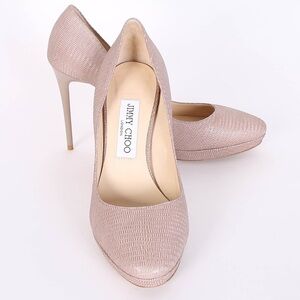 Jimmy Choo Beige Lizard Embossed Glitter Leather Hope Platform Pumps size 38.5
